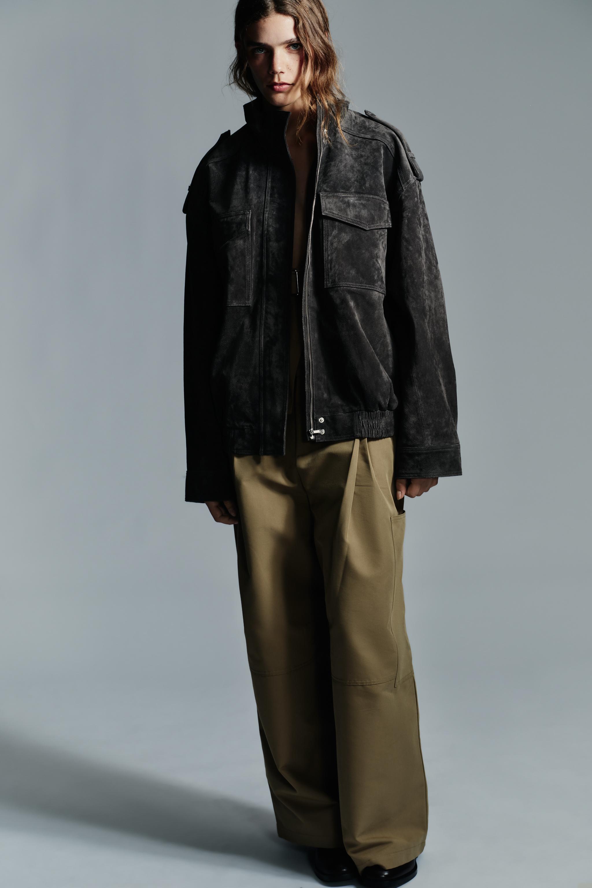 ZARA ブラウン カーキ　クロップド　ライダースジャケット オーバーサイズ ZARA ブラウン カーキ クロップド ライダースジャケット