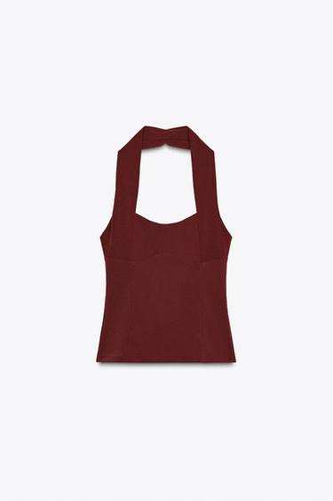 TOP HALTER ELÁSTICO FRUNCES - Burgundy de Zara