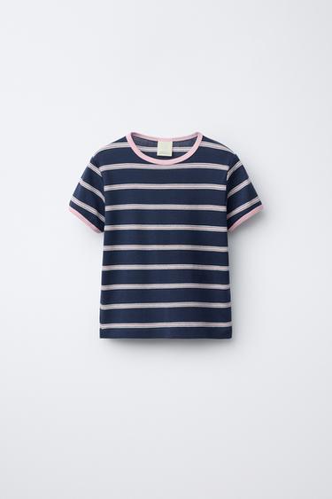 Zara STRIPED T-SHIRT - Navy blue