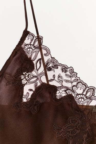 SATIN TOP WITH EMBROIDERY AND LACE - Brown by Zara - Image 4