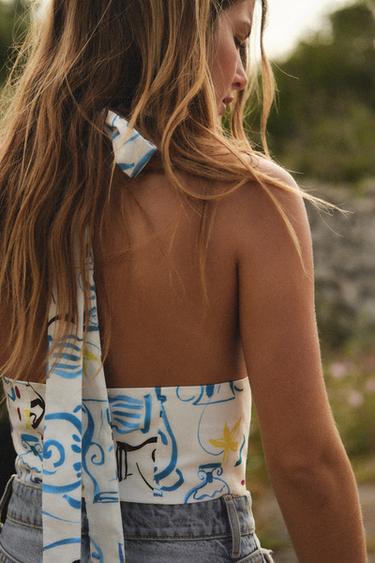PRINTED POPLIN CROP TOP - Blue/White by Zara - Image 3