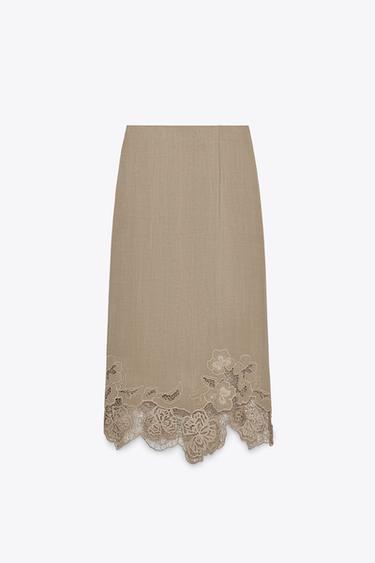 JUPE NUISÉE MIDI BRODÉE - Marron / Taupe de Zara - Image 2