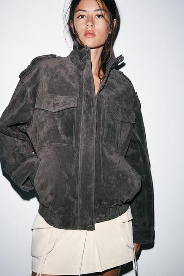 CAZADORA PIEL ANTE 100% - Carbón de Zara