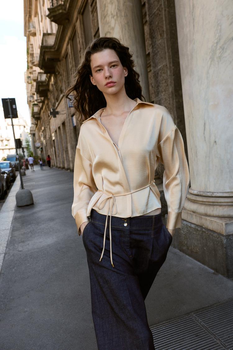 BLOUSE SATINΓE CEINTURE FINE Beige ZARA France