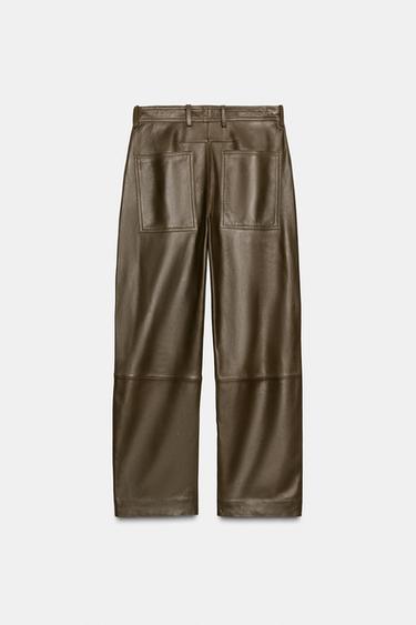 PANTALON DROIT EN CUIR ZW COLLECTION ÉDITION LIMITÉE - Kaki foncé de Zara - Image 3