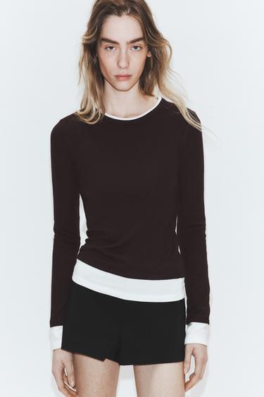 CAMISETA DUPLO CONTRASTE - Chocolate da Zara