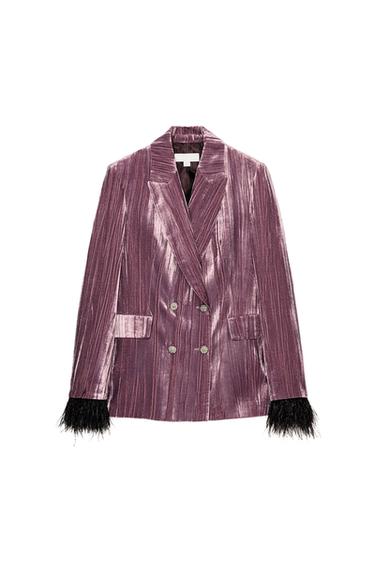 DOUBLE-BREASTED VELVET FEATHER BLAZER