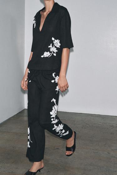 BROEK MET BORDUURSELS EN KRALEN ZW COLLECTION - Zwart / Wit van Zara