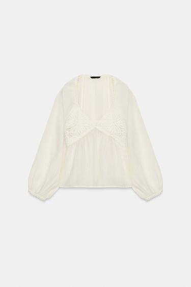 CROCHET CONTRAST BLOUSE - Ecru by Zara - Image 4