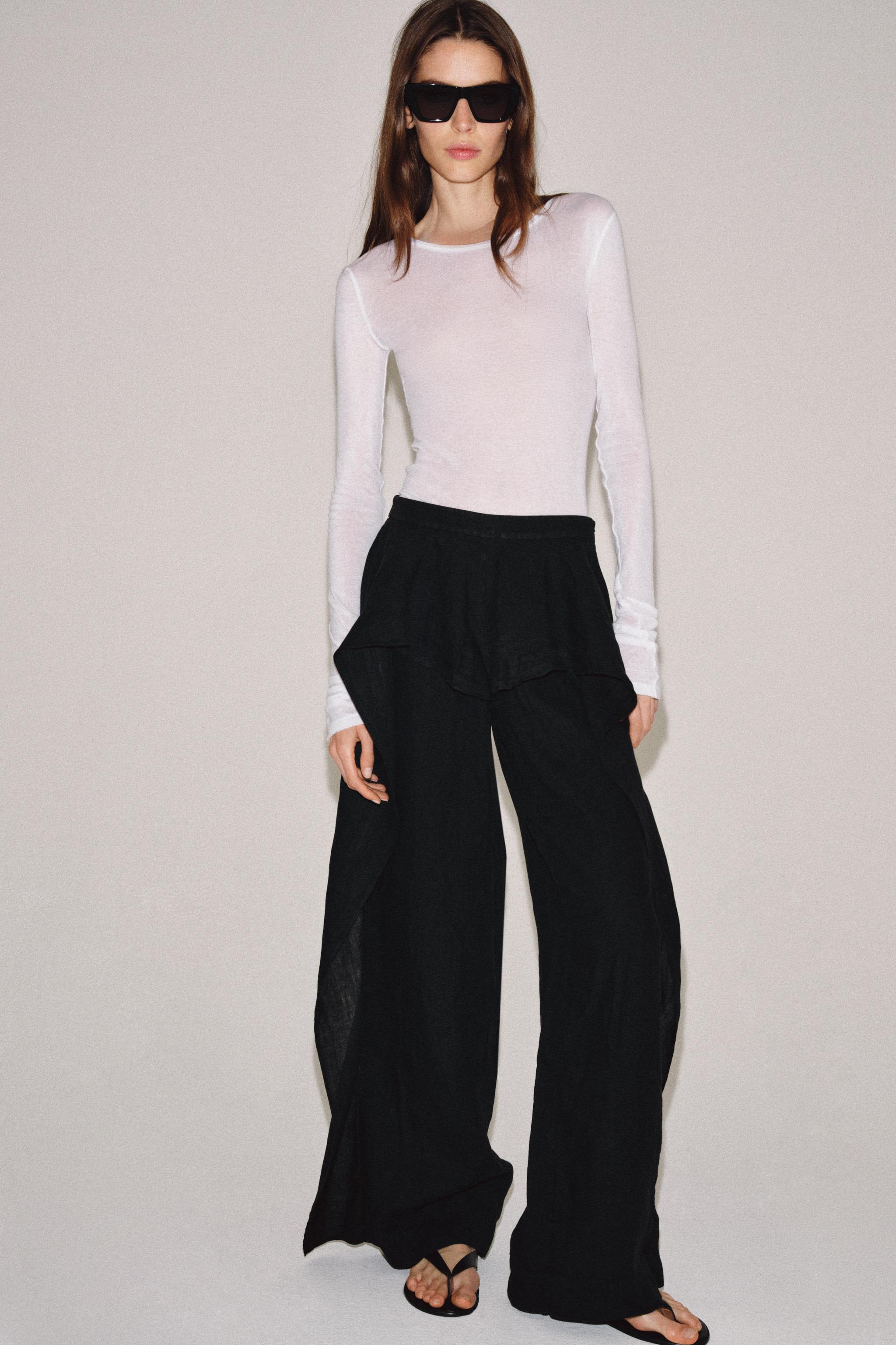 100% LINEN RUFFLE TROUSERS ZW COLLECTION — Black