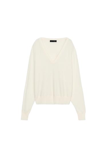 PULL EN MAILLE AVEC COL EN V - Blanc de Zara