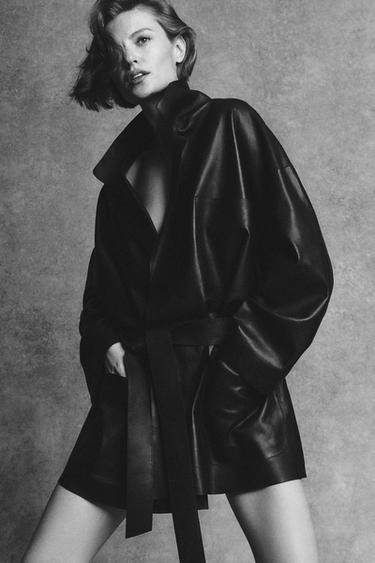 Zara Long nappa leather jacket with tie - LIMITED EDITION - Black