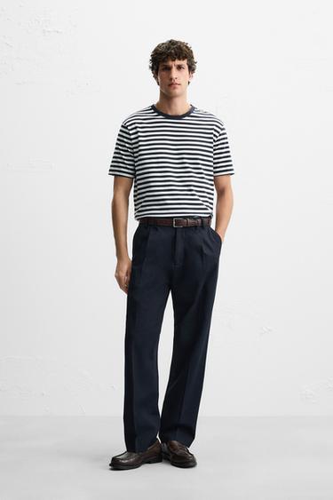 Zara BASIC MEDIUM WEIGHT T-SHIRT - Ecru / Navy - Image 0