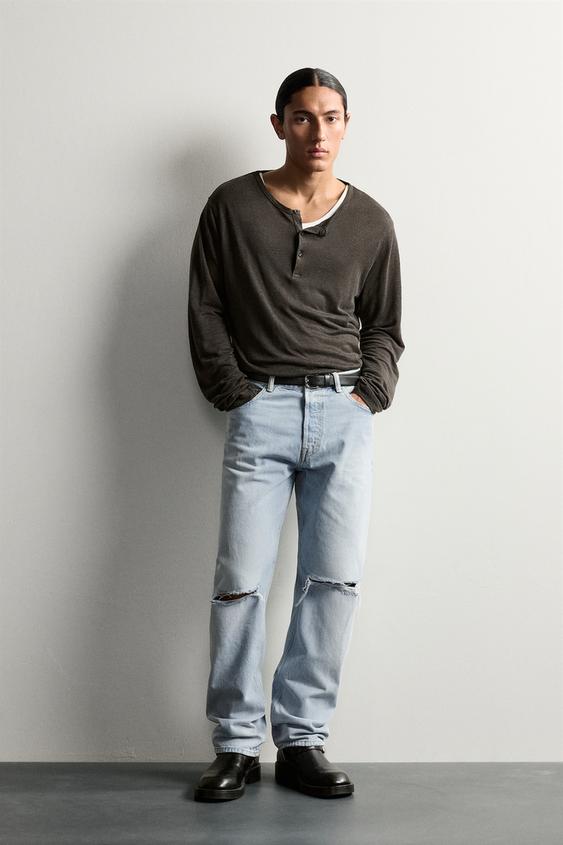 RIPPED STRAIGHT-LEG JEANS - Light blue by Zara - Image 0