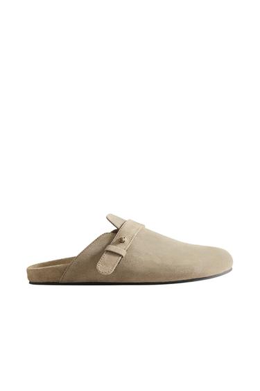 Zara LEATHER MULE CLOG SLIPPERS WITH STUD DETAIL - Taupe Gray