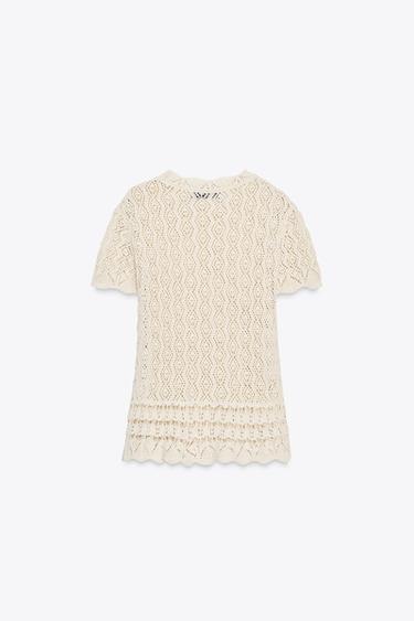 SHORT SLEEVE POINTELLE KNIT TOP - Ecru by Zara - Image 7