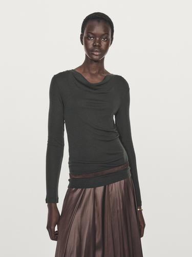 Zara Long sleeve T-shirt with draped neckline - Charcoal gray