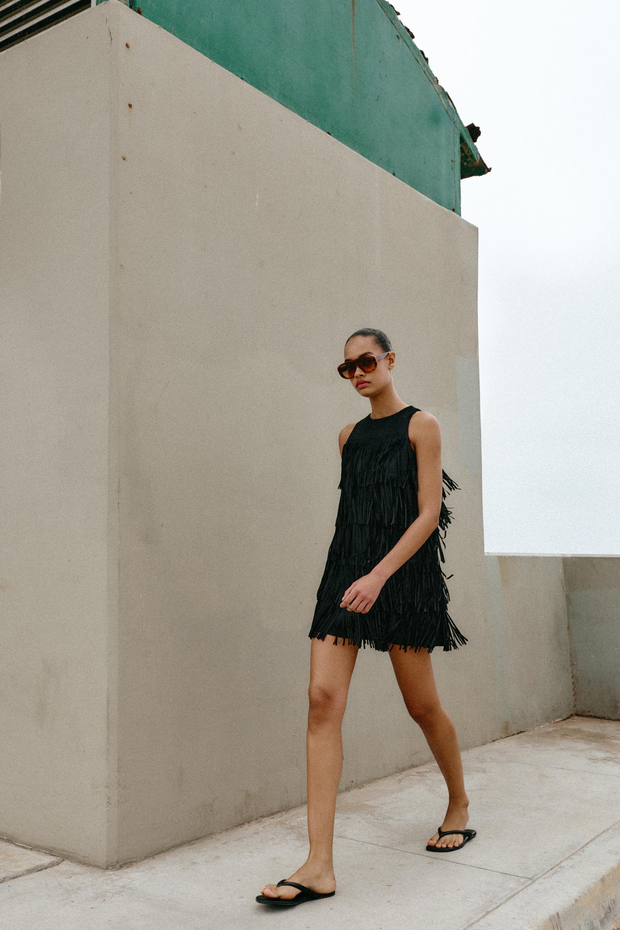 STUDDED FRINGED FAUX SUEDE DRESS