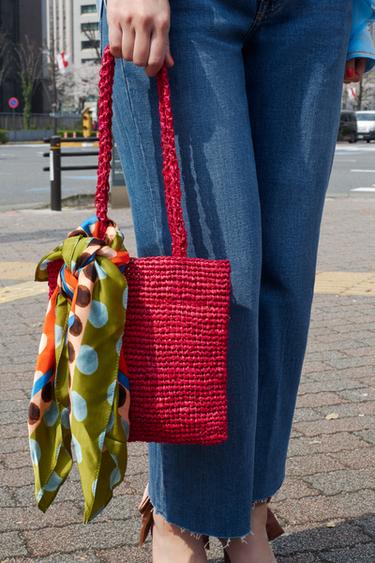 ラフィアミニトートバッグレッドZaraのラフィアミニトートバッグ - レッド 