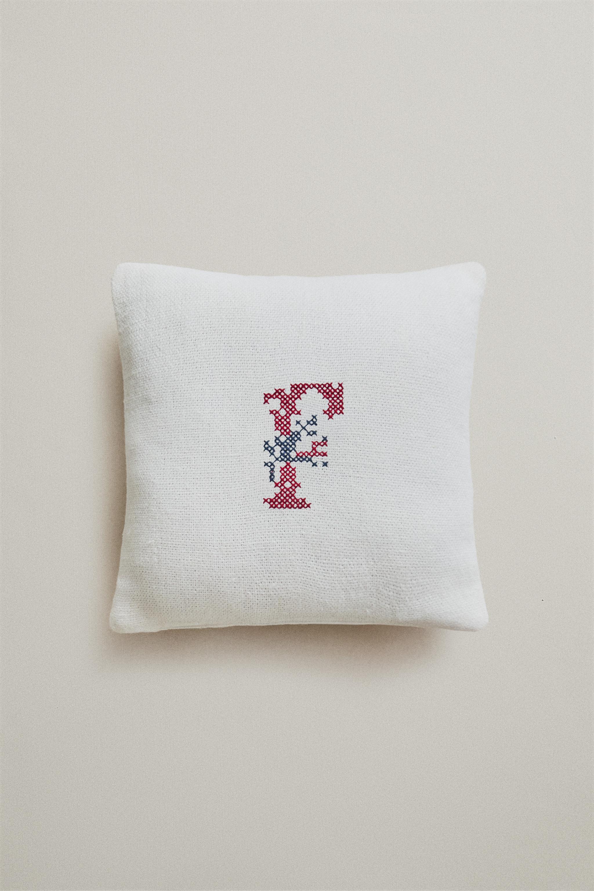 EMBROIDERED LETTER F LINEN CUSHION