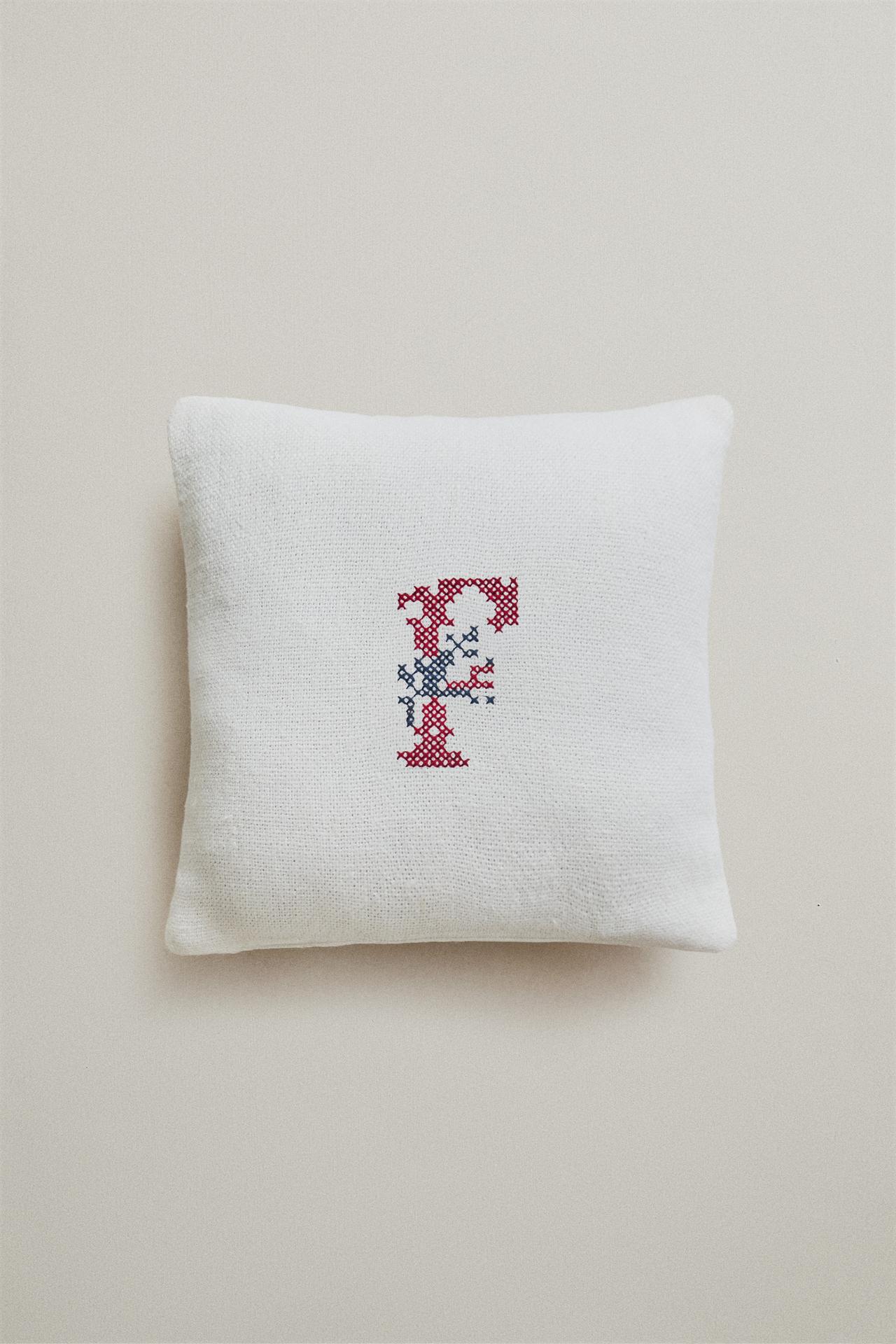 EMBROIDERED LETTER F LINEN CUSHION — Ecru