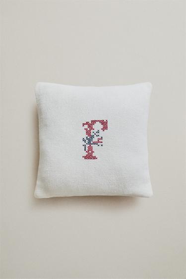 EMBROIDERED LETTER F LINEN CUSHION — Ecru 1