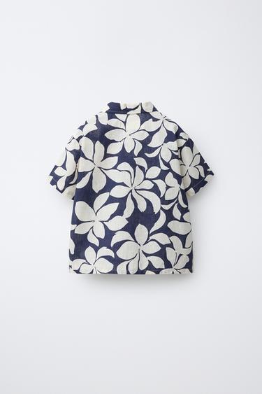 CHEMISE IMPRIMÉE FLEURS AVEC COTON ET LIN - Bleu marine de Zara - Image 1