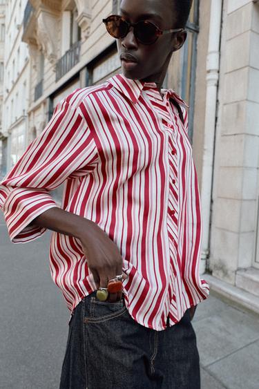 Zara STRIPED TURN-UP SLEEVE SHIRT - Red / White