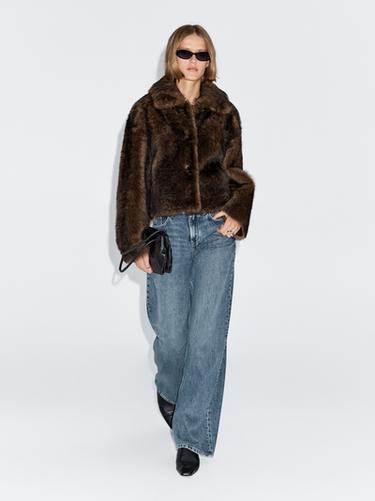Zara Short leather coat with fur - Brown