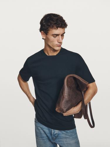 Zara Short sleeve piqué T-shirt with collar detail - Navy blue