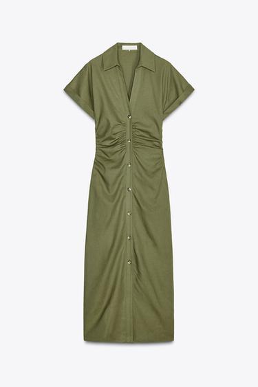Zara LINEN BLEND MIDI DRESS - Dark khaki