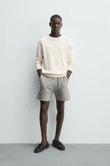 REGULAR FIT TEXTURED SEERSUCKER BERMUDA SHORTS - Ecru / Navy by Zara