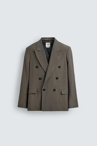 Zara 黏膠纖維亞麻混紡雙排扣西裝外套 - 棕色 / 暗灰褐色