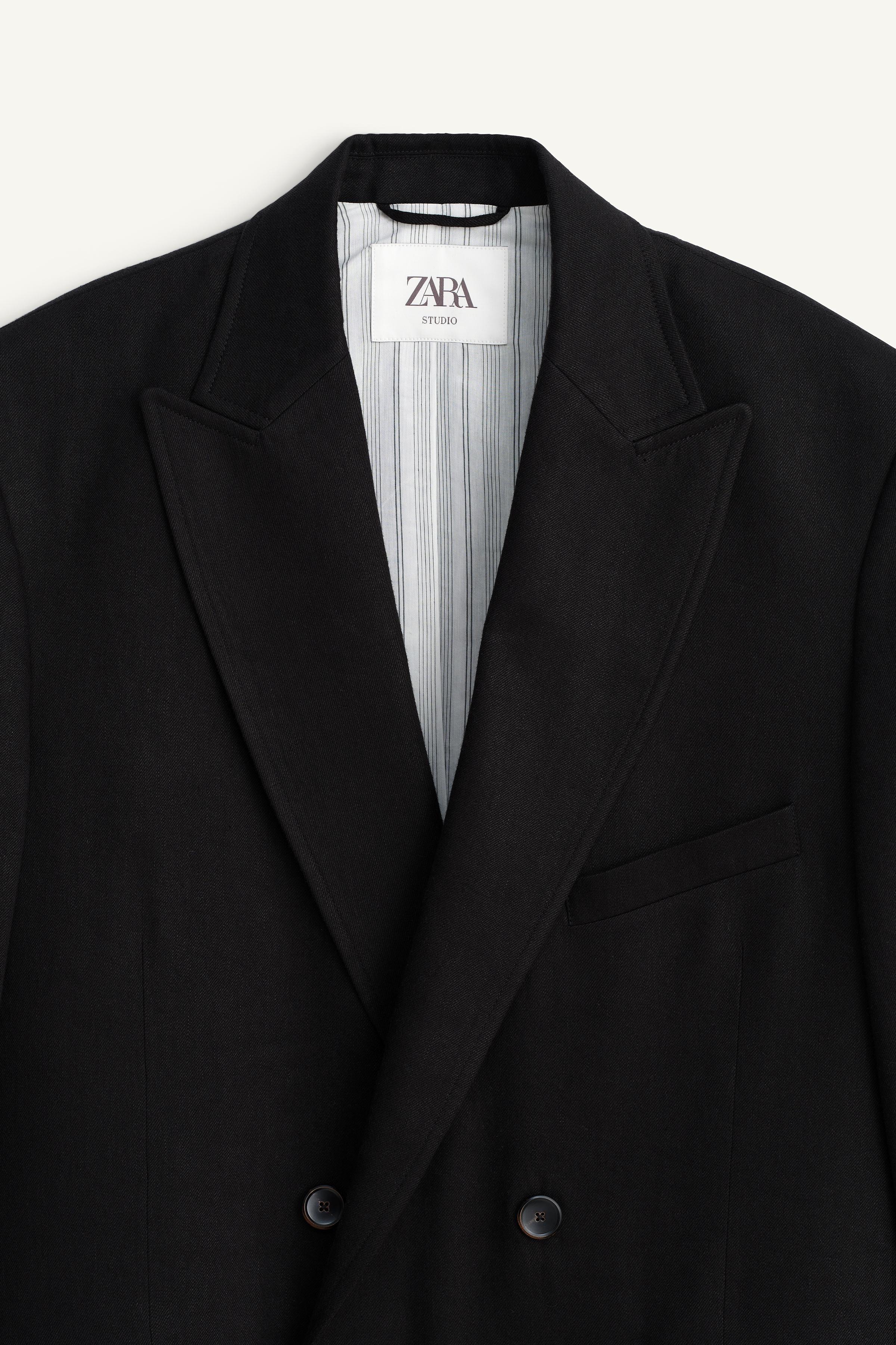 リネン＆レーヨン混紡ダブルブレストブレザー - ブラック | ZARA Japan