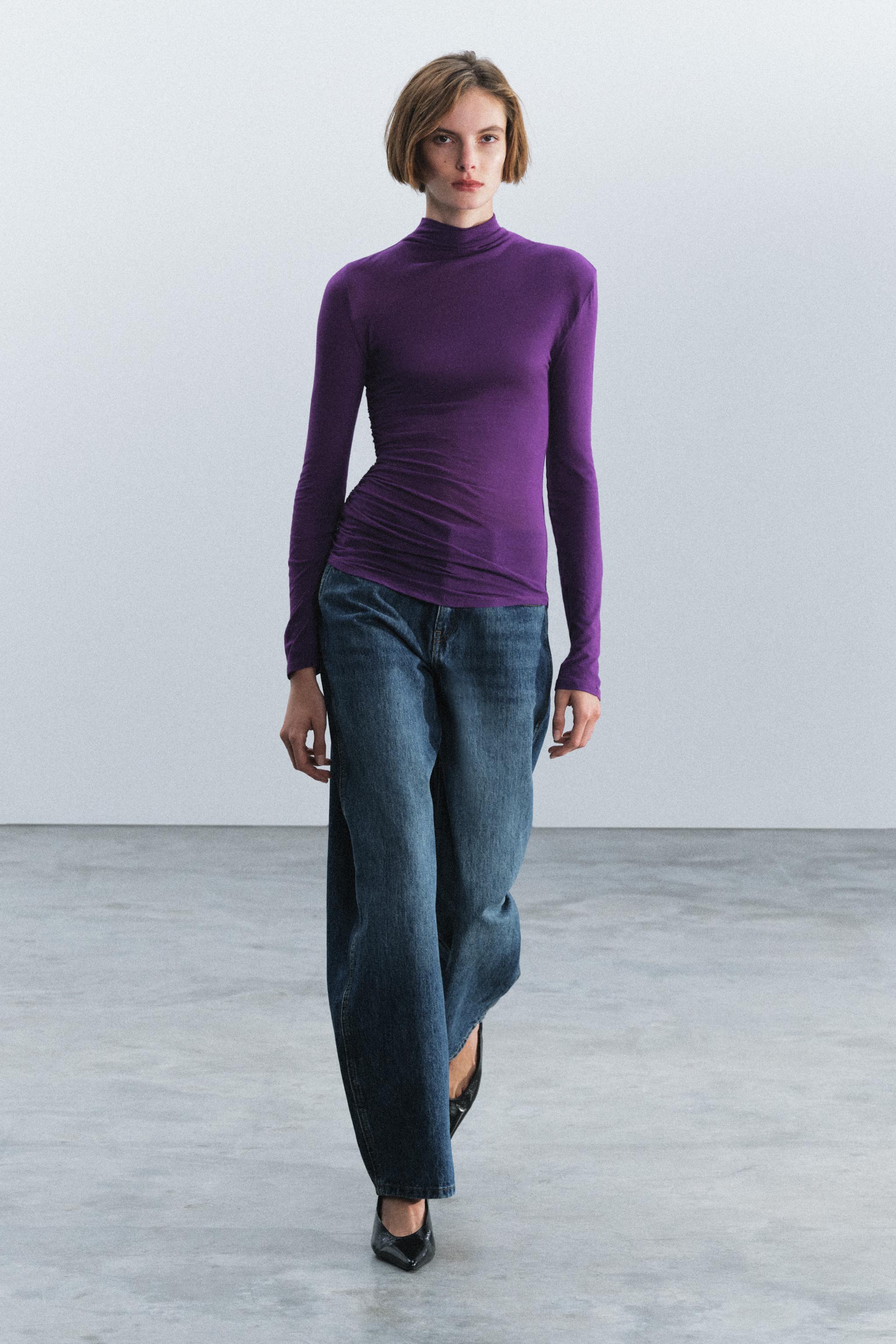 ハイネック ギャザー Tシャツ - パープル | ZARA Japan / 日本