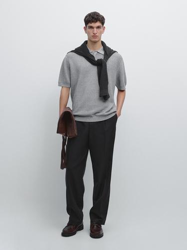 Zara Linen and cotton blend knit polo shirt with short sleeves - Gray marl