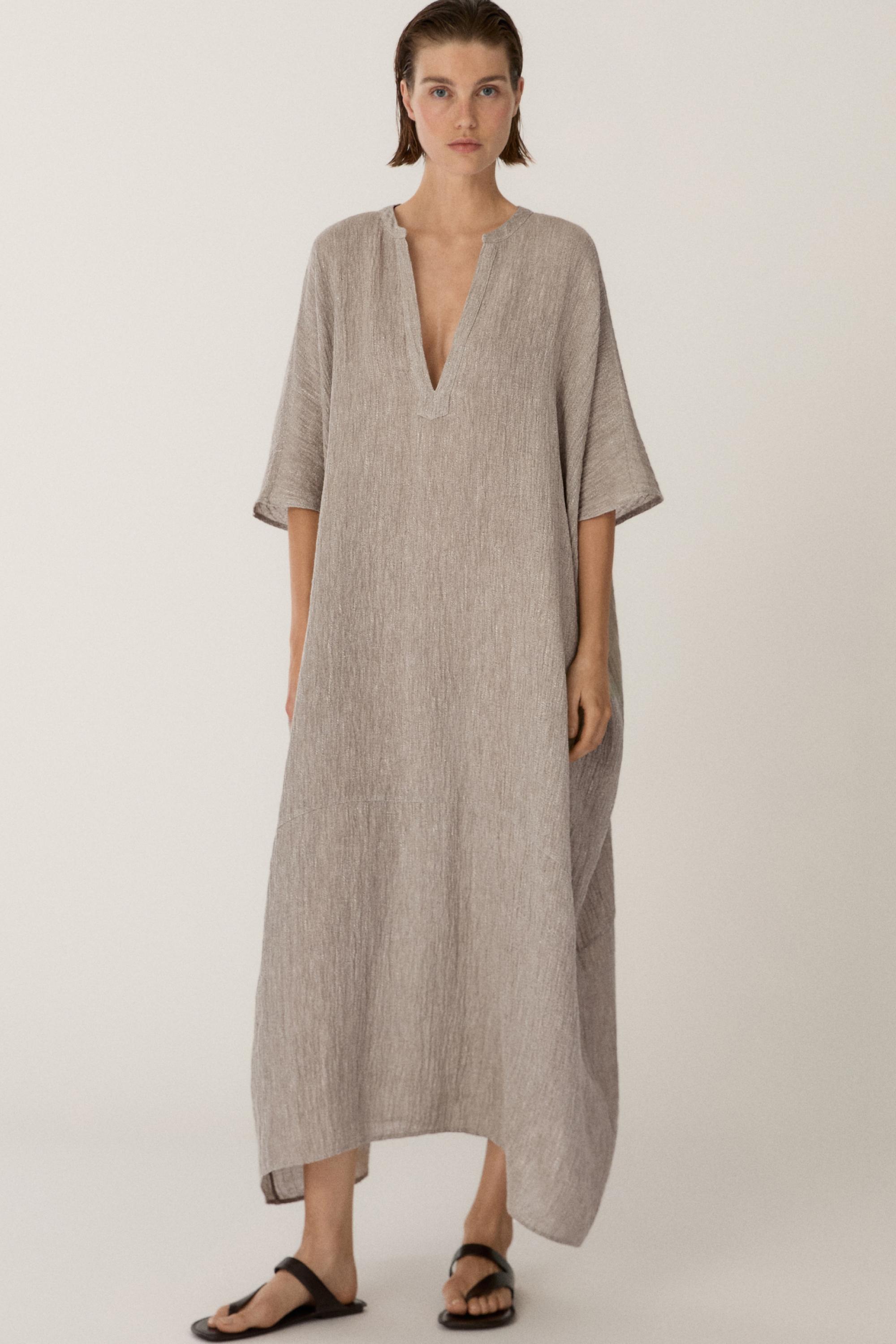Waffle-knit linen blend kaftan dress