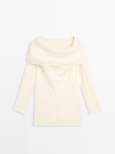 Jersey punto hombros descubiertos lana cashmere - Blanco roto de Zara