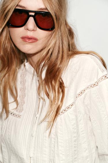 LACE TRIM AND PINTUCK SHIRT - Oyster-white by Zara