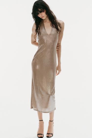 METALLIC EFFECT HALTER MIDI DRESS - Silver by Zara