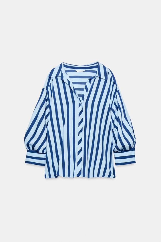 CAMISA LISTRADA ABALONADA - Azul-celeste da Zara - Imagem 0