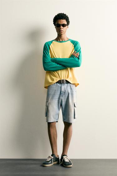 Zara VINTAGE-EFFECT BAGGY CARGO SHORTS - Blue