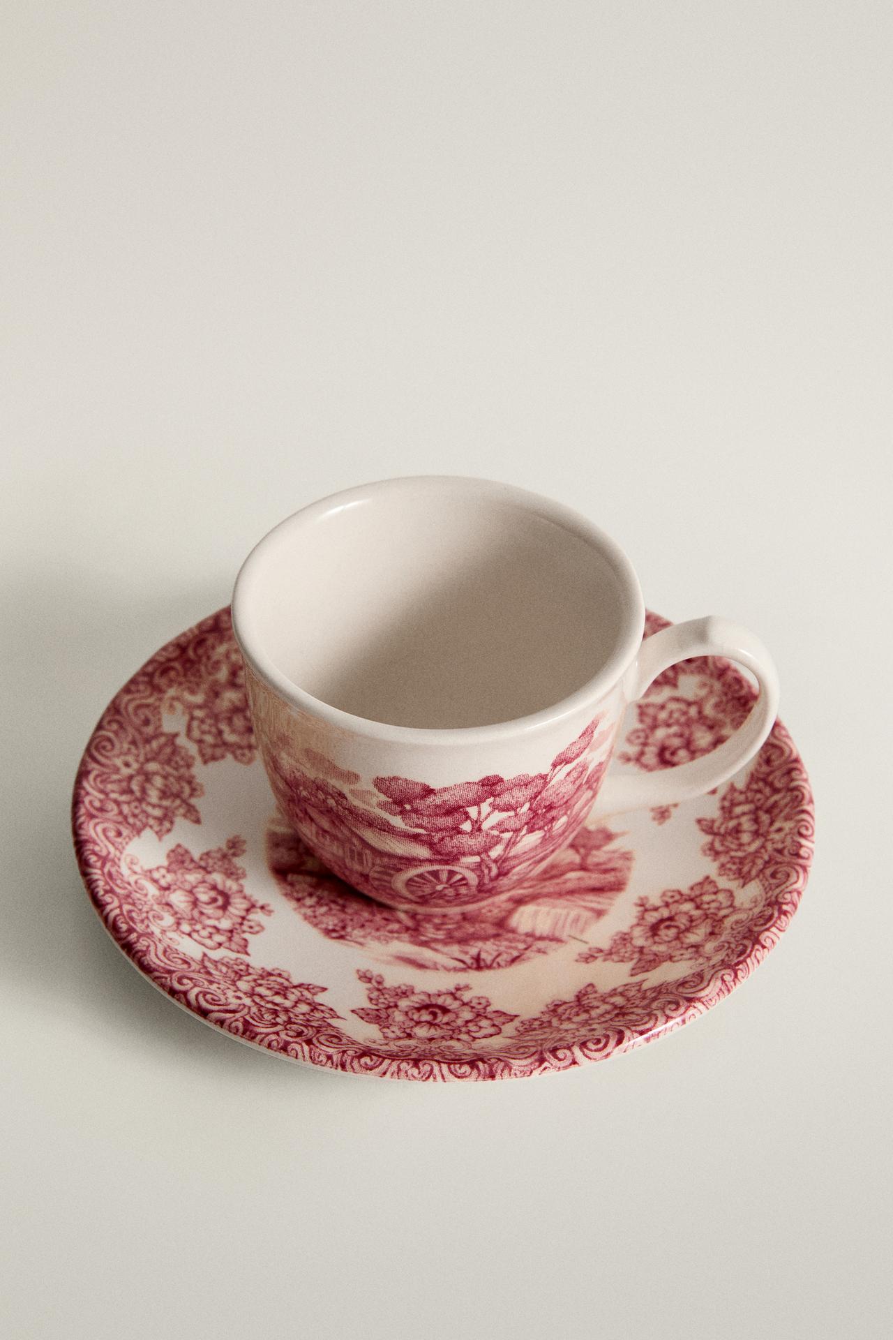 FLORAL AND LANDSCAPE EARTHENWARE COFFEE CUP AND SAUCER SET — Burgundy