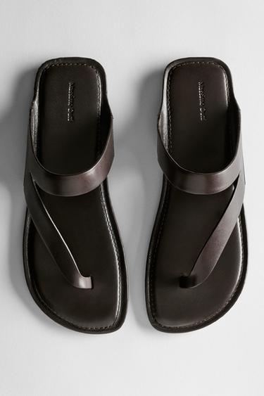 Zara Asymmetric leather sandals with toe divider - Brown - Image 0