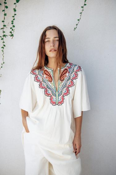 ROBE MI-LONGUE BRODÉE ZW COLLECTION - Blanc cassé de Zara - Image 1