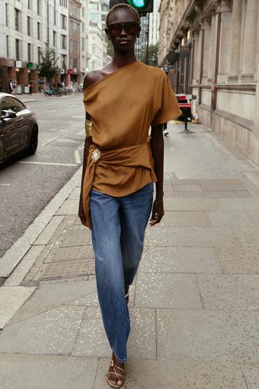 ASYMMETRIC SATIN TOP WITH APPLIQUÉ - Tobacco by Zara - Image 2