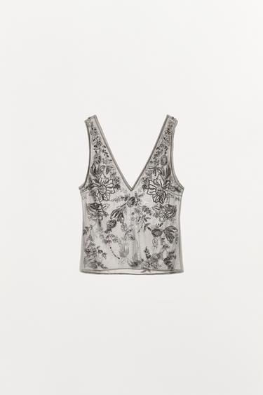 EMBROIDERED TULLE STRAPPY TOP - Light grey by Zara