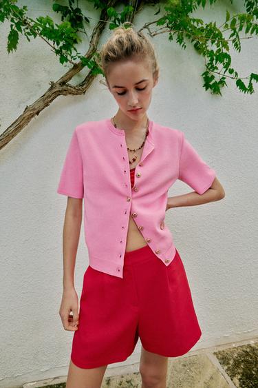 SHORT SLEEVE KNIT CARDIGAN - Pink by Zara