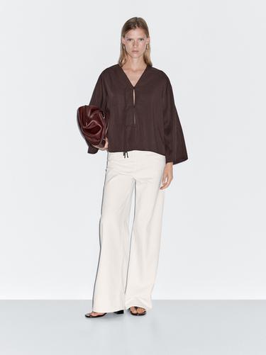 Zara Cropped shirt with drawstring detail - Brown - Image 0