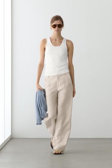 Zara 100% linen relaxed fit trousers - Oyster-white - Image 0
